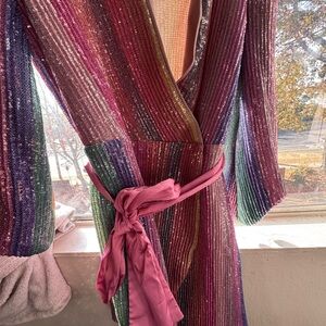 Pink and Green Sequin Wrap Gown with Long Bell Sleeves